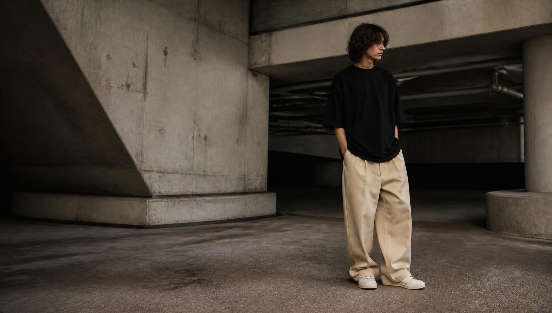 Modelo vestindo camiseta preta e calça bege OF BLACK em estrutura de concreto